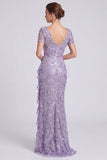 Lilac Mermaid V-Neck Sequins Long Mother of the Bride Dress with Ruffle Slit