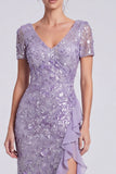 Lilac Mermaid V-Neck Sequins Long Mother of the Bride Dress with Ruffle Slit
