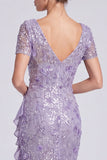 Lilac Mermaid V-Neck Sequins Long Mother of the Bride Dress with Ruffle Slit