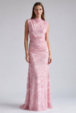Pink Mermaid Sequins Floral Long Formal Dress