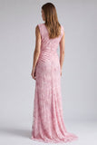 Pink Mermaid Sequins Floral Long Formal Dress