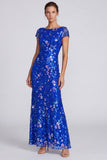 Royal Blue Sequins Mermaid Bateau Neck Floral Long Formal Dress