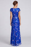 Royal Blue Sequins Mermaid Bateau Neck Floral Long Formal Dress