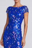 Royal Blue Sequins Mermaid Bateau Neck Floral Long Formal Dress