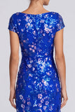 Royal Blue Sequins Mermaid Bateau Neck Floral Long Formal Dress