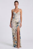 Ivory Halter Neck Mermaid Floral Corset Long Formal Dress with Slit