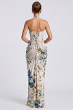 Ivory Halter Neck Mermaid Floral Corset Long Formal Dress with Slit