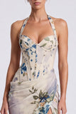 Ivory Halter Neck Mermaid Floral Corset Long Formal Dress with Slit