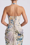 Ivory Halter Neck Mermaid Floral Corset Long Formal Dress with Slit