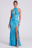 Pink Halter Neck Mermaid Floral Long Formal Dress with Slit