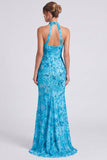 Pink Halter Neck Mermaid Floral Long Formal Dress with Slit