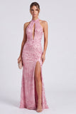 Pink Halter Neck Mermaid Floral Long Formal Dress with Slit