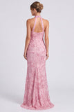 Pink Halter Neck Mermaid Floral Long Formal Dress with Slit
