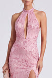 Pink Halter Neck Mermaid Floral Long Formal Dress with Slit