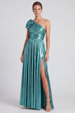 Gold Metallic One Shoulder A-Line Bow Long Formal Dress with Slit