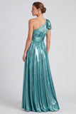 Gold Metallic One Shoulder A-Line Bow Long Formal Dress with Slit