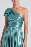 Gold Metallic One Shoulder A-Line Bow Long Formal Dress with Slit