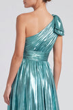 Gold Metallic One Shoulder A-Line Bow Long Formal Dress with Slit