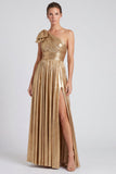 Gold Metallic One Shoulder A-Line Bow Long Formal Dress with Slit