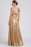 Gold Metallic One Shoulder A-Line Bow Long Formal Dress with Slit