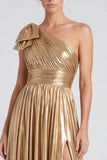 Gold Metallic One Shoulder A-Line Bow Long Formal Dress with Slit