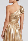 Gold Metallic One Shoulder A-Line Bow Long Formal Dress with Slit