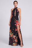 Halter Neck Black Mermaid Floral Chiffon Long Formal Dress with Slit