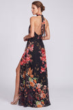 Halter Neck Black Mermaid Floral Chiffon Long Formal Dress with Slit