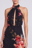 Halter Neck Black Mermaid Floral Chiffon Long Formal Dress with Slit