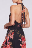 Halter Neck Black Mermaid Floral Chiffon Long Formal Dress with Slit