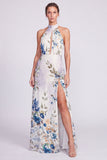 Halter Neck Black Mermaid Floral Chiffon Long Formal Dress with Slit