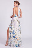 Halter Neck Black Mermaid Floral Chiffon Long Formal Dress with Slit