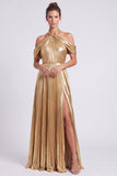 Metallic Gold Halter Neck Pleated A-Line Long Formal Dress with Slit