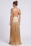Metallic Gold Halter Neck Pleated A-Line Long Formal Dress with Slit