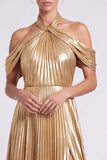Metallic Gold Halter Neck Pleated A-Line Long Formal Dress with Slit