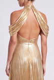 Metallic Gold Halter Neck Pleated A-Line Long Formal Dress with Slit