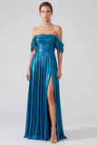 Off the Shoulder Gold Metallic Ruched A-Line Long Formal Dress with Slit