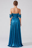 Off the Shoulder Gold Metallic Ruched A-Line Long Formal Dress with Slit