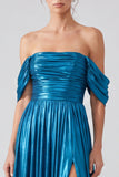 Off the Shoulder Gold Metallic Ruched A-Line Long Formal Dress with Slit