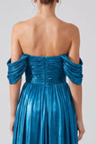 Off the Shoulder Gold Metallic Ruched A-Line Long Formal Dress with Slit