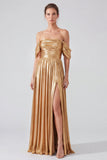 Off the Shoulder Gold Metallic Ruched A-Line Long Formal Dress with Slit