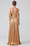 Off the Shoulder Gold Metallic Ruched A-Line Long Formal Dress with Slit