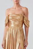 Off the Shoulder Gold Metallic Ruched A-Line Long Formal Dress with Slit