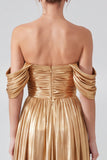 Off the Shoulder Gold Metallic Ruched A-Line Long Formal Dress with Slit