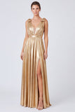 A-Line Metallic Gold V-Neck Long Formal Dress with Slit