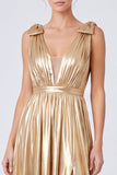 A-Line Metallic Gold V-Neck Long Formal Dress with Slit