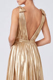 A-Line Metallic Gold V-Neck Long Formal Dress with Slit