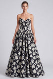 Black White Flower A-Line Sweetheart Corset Long Prom Dress with Lace Up Back