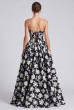 Black White Flower A-Line Sweetheart Corset Long Prom Dress with Lace Up Back