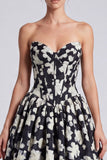 Black White Flower A-Line Sweetheart Corset Long Prom Dress with Lace Up Back